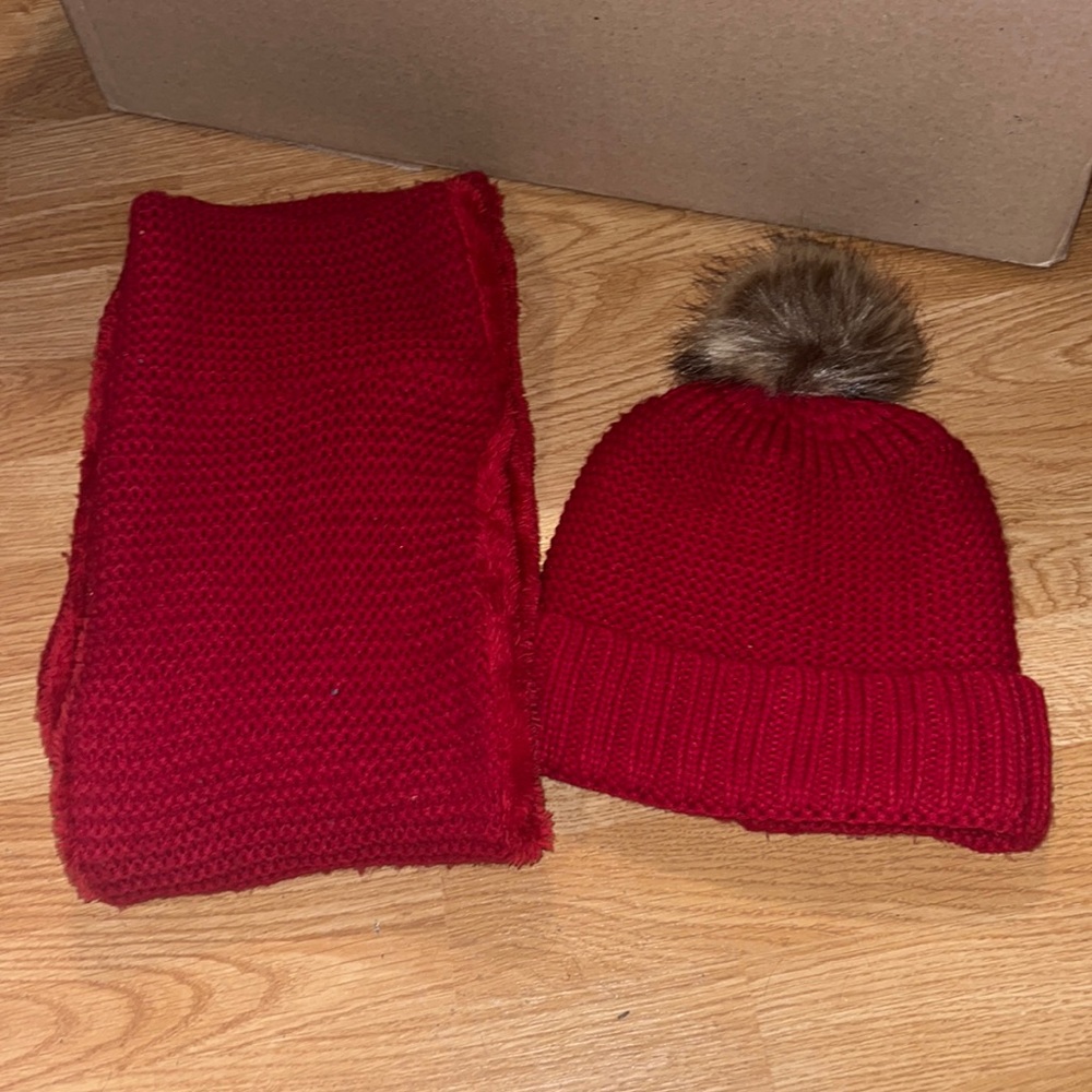 Red fuzzy scarf and hat set
